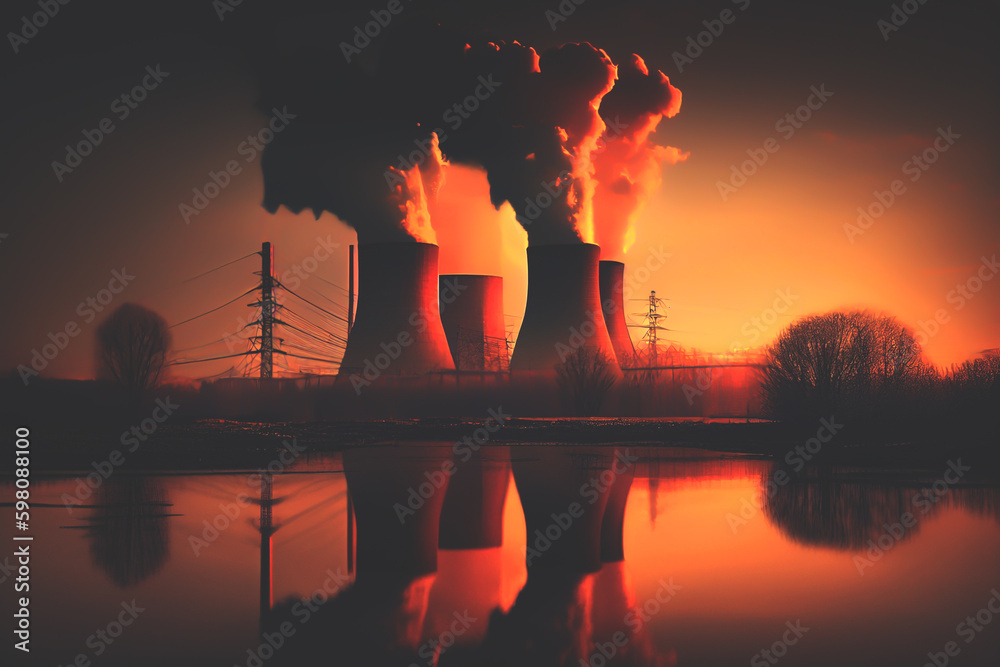 Nuclear power plant at sunset Generate electricity. Dusk, Nuclear