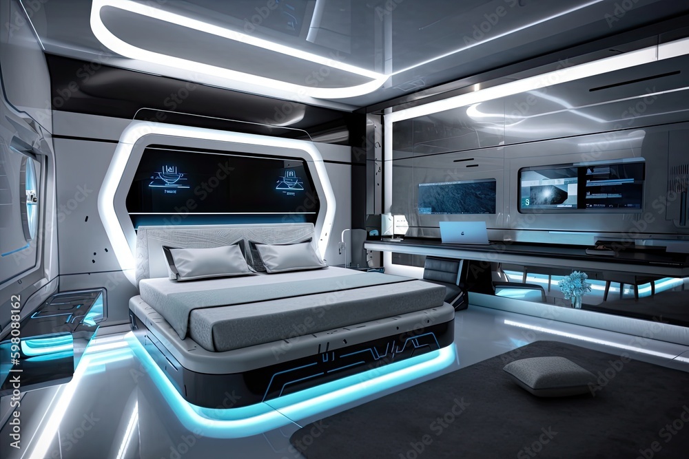 futuristic bedroom with sleek design and metallic accents, featuring floating holographic displays, created with generative ai
