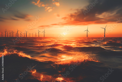 Offshore wind power. Wind turbines in sea on sunset. Offshore Wind farm park. Green energy  AI Generative. Wind turbines alternative energy. Ecology and environmental. Windmill power industry.