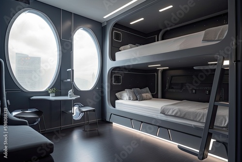 basic bedroom with bunk beds and window view of the stars in futuristic spaceship, created with generative ai