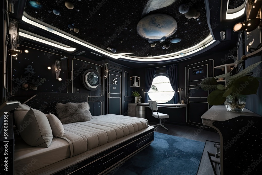 spaceship bedroom with starry night sky ceiling, moon and planets visible, created with generative ai spaceship bedroom with starry night sky ceiling, moon and planets visible, created with generative ai