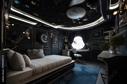spaceship bedroom with starry night sky ceiling  moon and planets visible  created with generative ai