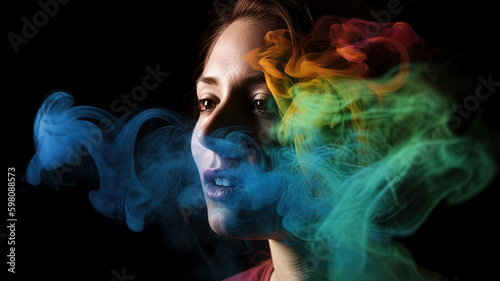 Woman with smoke on black background