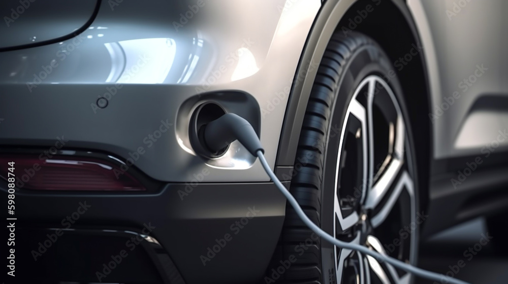 Cars use electric power to charging at the power outlet. cable between EV car and power outlet stand. Public charge station for electric cars. concept stop climate change, Generative AI, illustration