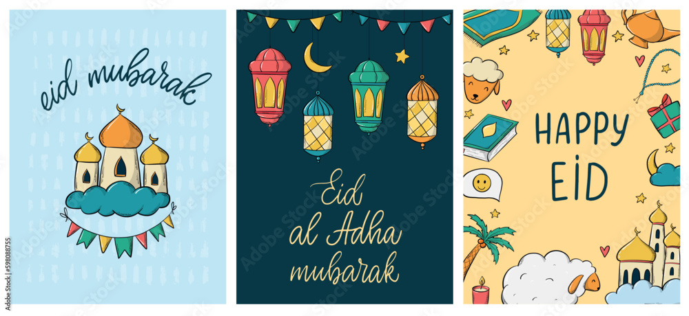 set of 3 islamic cards, posters, prints, banners, invitations, templates decorated with lettering quotes and doodles. EPS 10