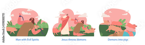 Biblical Testament Scenes Jesus Christ Character Expelled Demon From Possessed Man Into A Group Of Swine, Illustration Generative AI