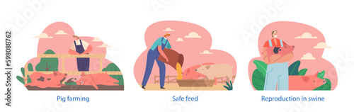 Farmer Characters Tend To Pigs On A Farm. They Provide Feed, Water, Reproduction And Care, Cartoon Vector Illustration Generative AI