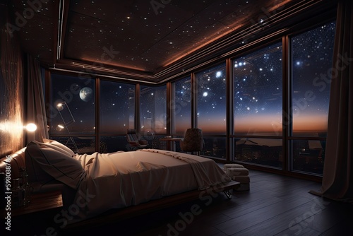 luxurious bedroom, with view of the stars and planets visible through the window, created with generative ai