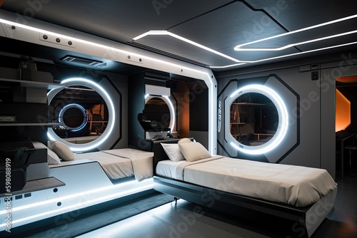 spacedout bedroom with floating beds, futuristic lighting, and sleek design, created with generative ai © Daria Horokhova