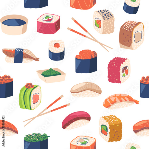 Seamless Pattern Of Sushi And Rolls Features A Variety Of Japanese Cuisine Delicacies. The Design Is Colorful Generative AI