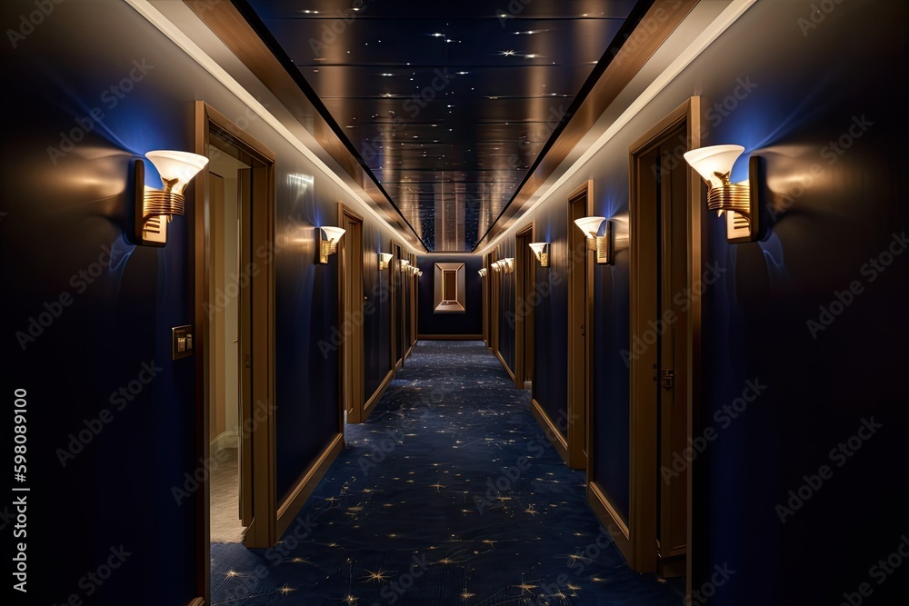 passageway between suites, with view of stars beyond, created with generative ai