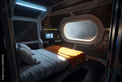 spaceship bedroom, with view of planet and stars, in outer space, created with generative ai © Daria Horokhova