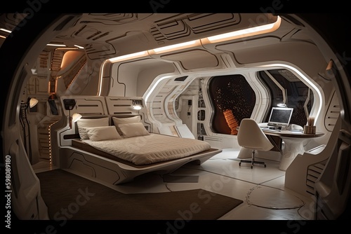 spaceship bedroom with view of the stars, and futuristic decor, created with generative ai