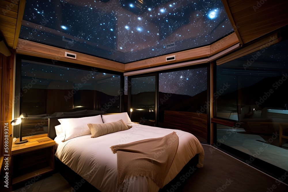 luxurious bedroom with view of the stars, floating among them, created with generative ai luxurious bedroom with view of the stars, floating among them, created with generative ai