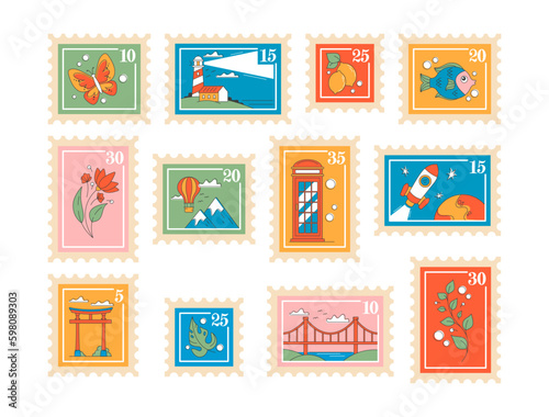 Set of Postal Stamps Featuring Variety Of Designs  Suitable For Collectors And Everyday Use  Cartoon Vector Illustration Generative AI