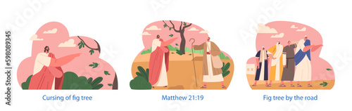 Jesus Character Arrives At A Fig Tree But Finds No Fruit. He Curses The Tree, And It Withers Cartoon Vector Illustration Generative AI