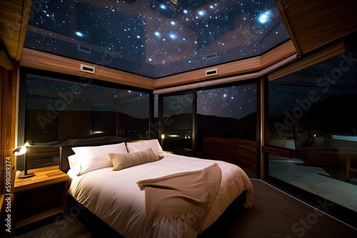 luxurious bedroom with view of the stars  floating among them  created with generative ai
