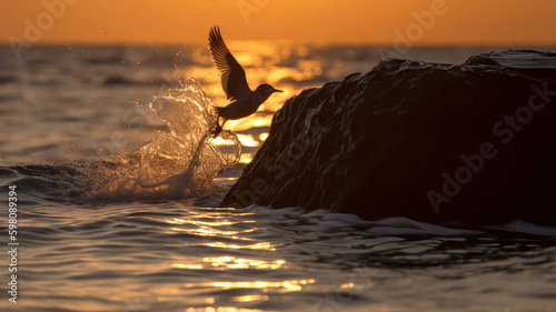 bird jumping out of the water onto a rock, ai © Fatih Nizam