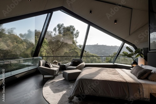master bedroom, with sleek lines and futuristic decor, featuring floor-to-ceiling windows with view of the stars, created with generative ai