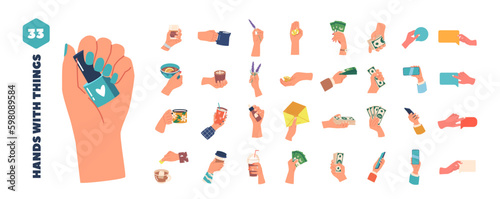 Big Set Of Hands Holding Hobbies Or Working Activities With Different Items. Smartphone, Coffee Or Tea Cup And Flower Generative AI
