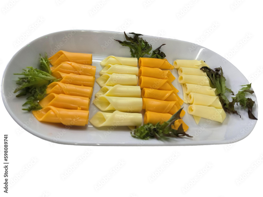This appetizing photo features a generous serving of sliced cheese and smoked beef arranged beautifully on an oval plate, perfect for creating delicious sandwiches or burgers. This appetizing photo features a generous serving of sliced cheese and smoked beef arranged beautifully on an oval plate, perfect for creating delicious sandwiches or burgers.