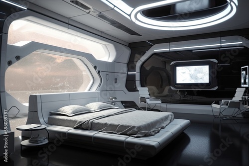 futuristic bedroom, with sleek lines and futuristic decor, featuring transparent walls and view of outer space, created with generative ai © Daria Horokhova