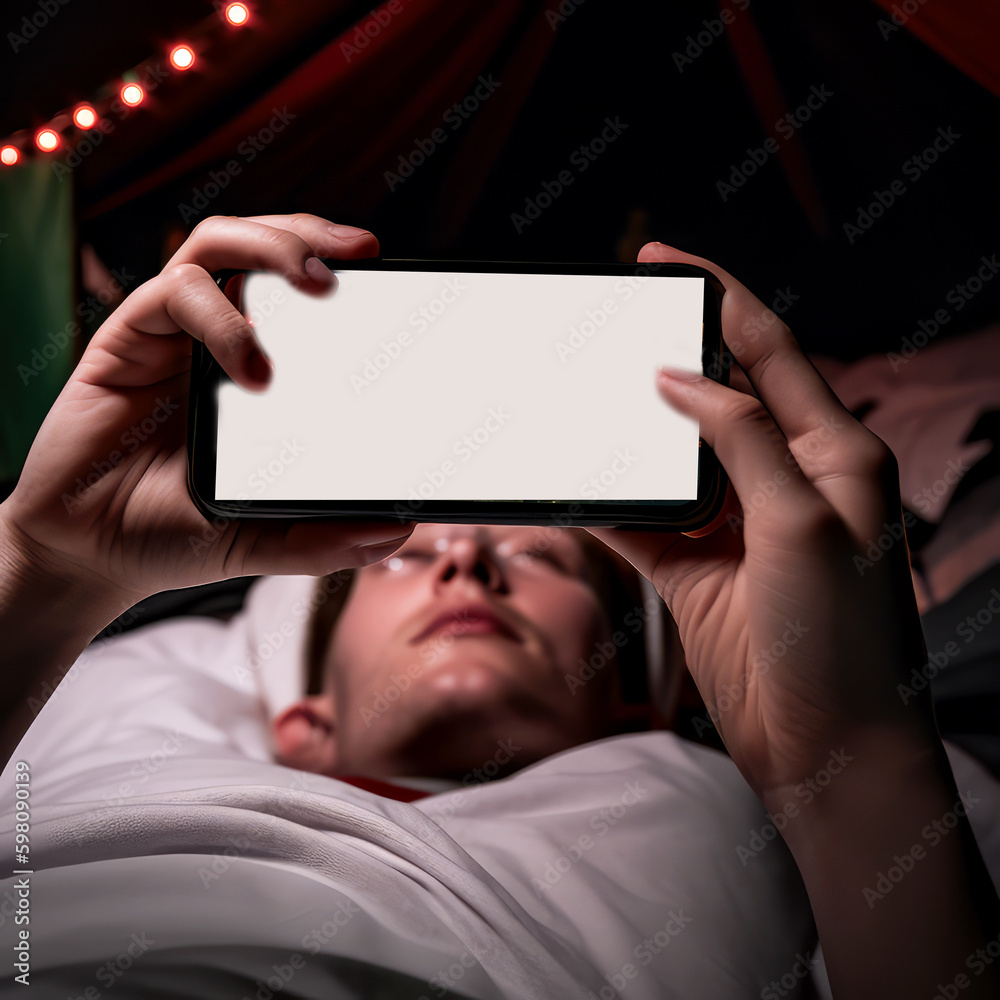 Naklejka premium person sleeping with their phone, ai
