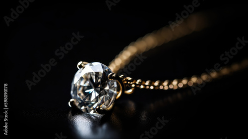 A close-up photograph of a diamond pendant necklace, hanging from a delicate gold chain, against a black velvet background, ai