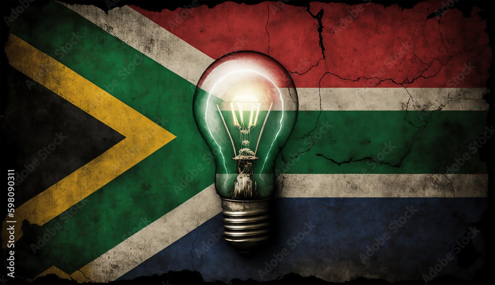 Concept of loadshedding in South Africa. Lightbulb lighting up a South African flag. Generative AI - obrazy, fototapety, plakaty 
