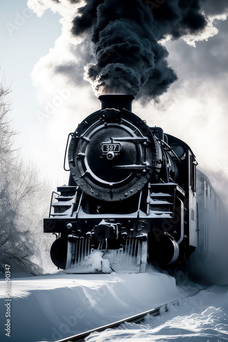 steam locomotive, with smoke billowing from the engine and snow on the ground, ai
