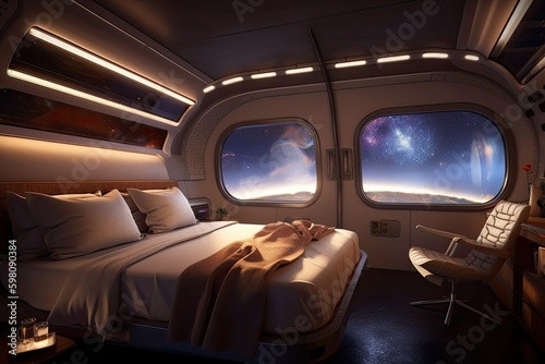 spaceship bedroom with windows, showcasing the twinkling stars and galaxies beyond, created with generative ai