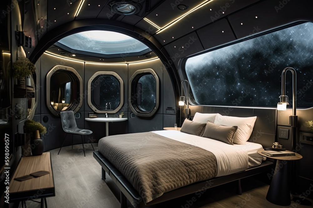spaceship bedroom with view of the stars and galaxies beyond, created with generative ai spaceship bedroom with view of the stars and galaxies beyond, created with generative ai