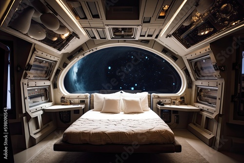 spaceship bedroom with view of the stars and galaxies beyond, created with generative ai