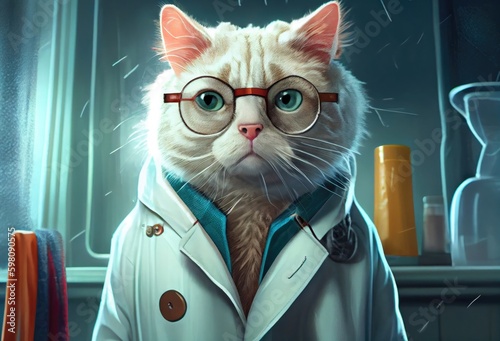 Cat White Coat Hospital Practioner Backdrop Generative AI photo