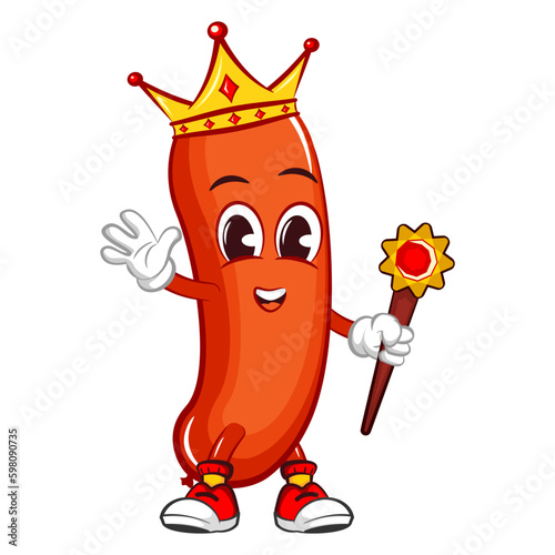 vector mascot character illustration of a sausage with a mustache is becoming a king wearing a crown and a scepter