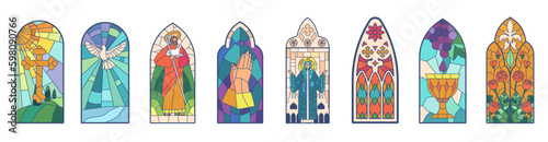 Vibrant Stained Windows Set Featuring Intricate Designs And Rich Colors, Casting Mesmerizing Patterns Generative AI