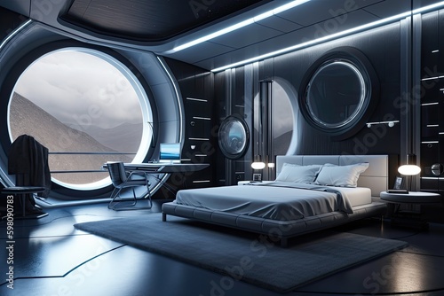 futuristic bedroom with view of space planet, stars & galaxies floating in the background, created with generative ai