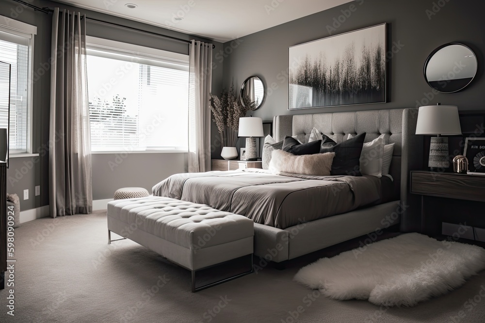 modern bedroom, with sleek lines and unique design elements, featuring silver accents, created with generative ai modern bedroom, with sleek lines and unique design elements, featuring silver accents, created with generative ai