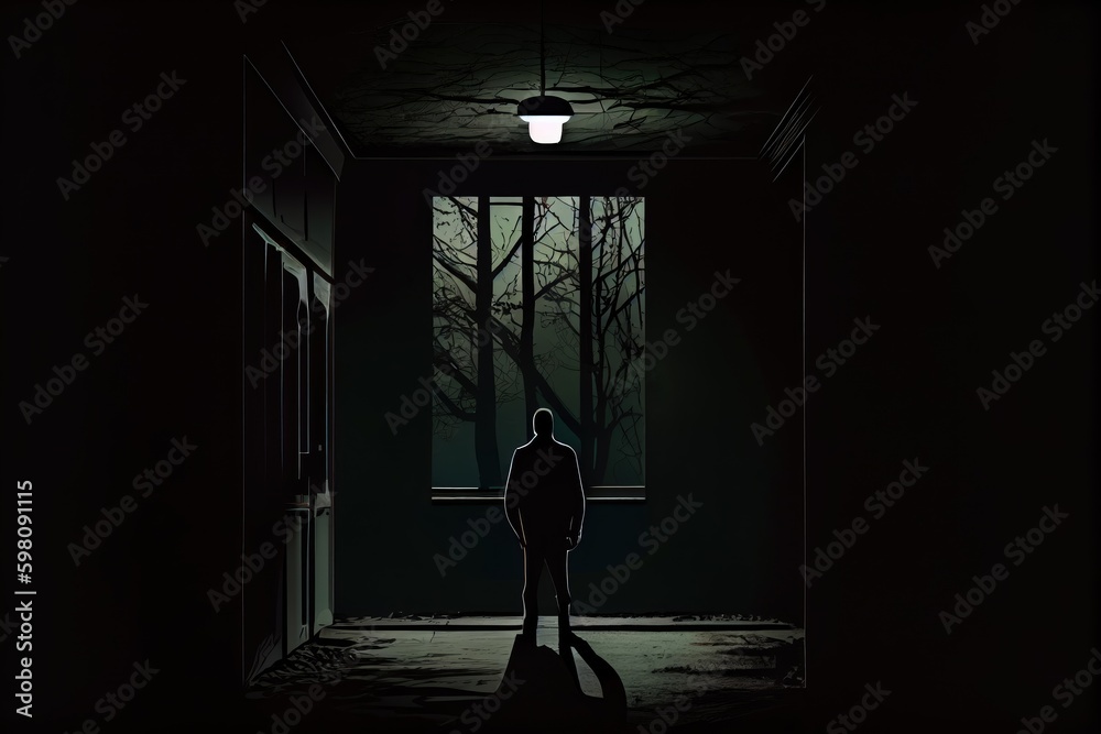 Silhouette of a man standing in front of the window at night