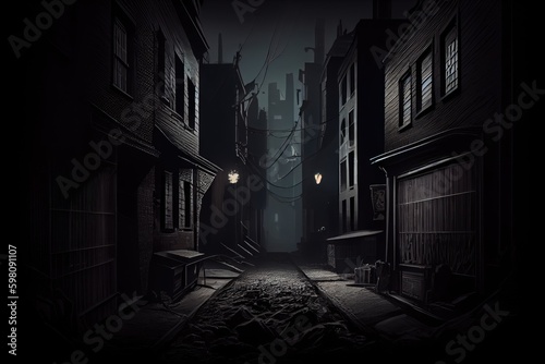 Mysterious dark street at night. Halloween concept