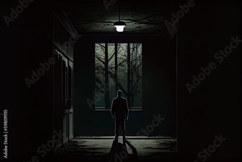 Silhouette of a man standing in front of the window at night