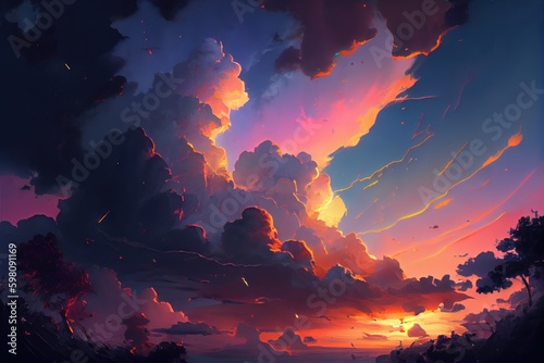 Fantasy sky with stormy clouds at sunset