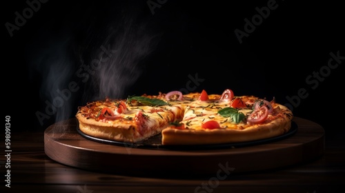 A tasty margarita pizza on a wooden table ai, ai generative, illustration