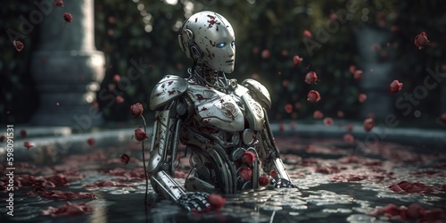 Androide agrietado y asesino rodeado de rosas rojas, concepto aniquilación humana IA generativa photo