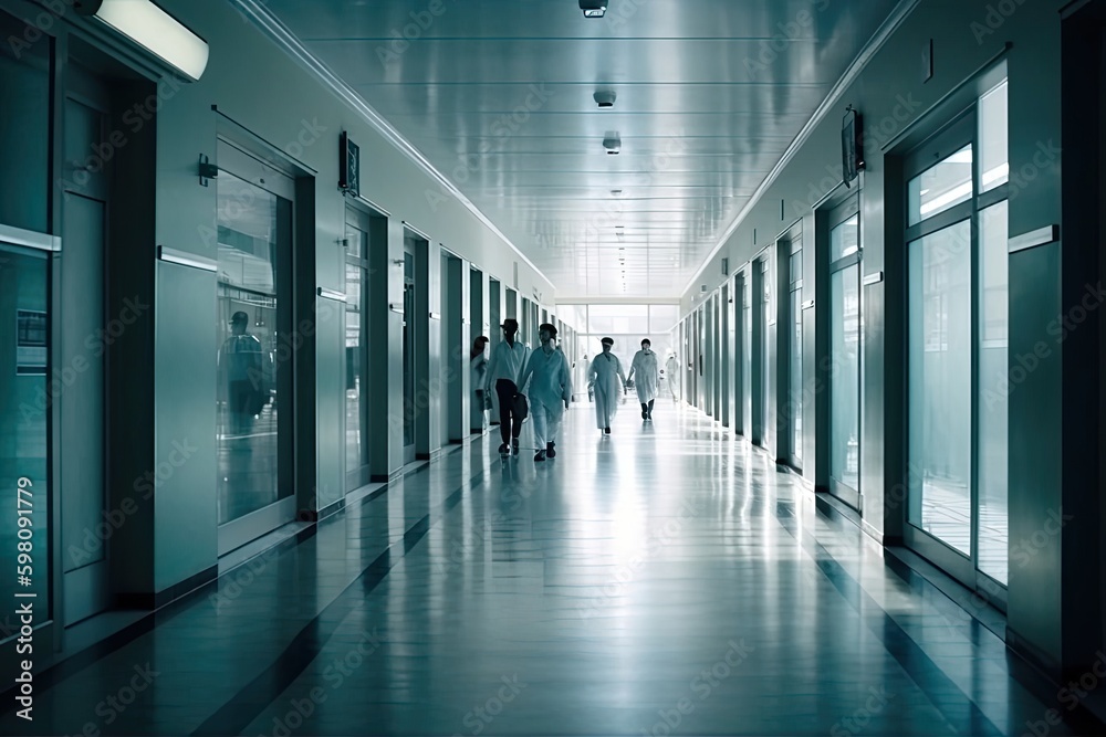 Obraz premium Blurry Hospital Hallway Backdrop With Doctors Generative AI