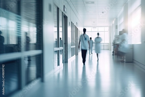 Blurry Healthcare Hallway Background With Doctors Generative AI