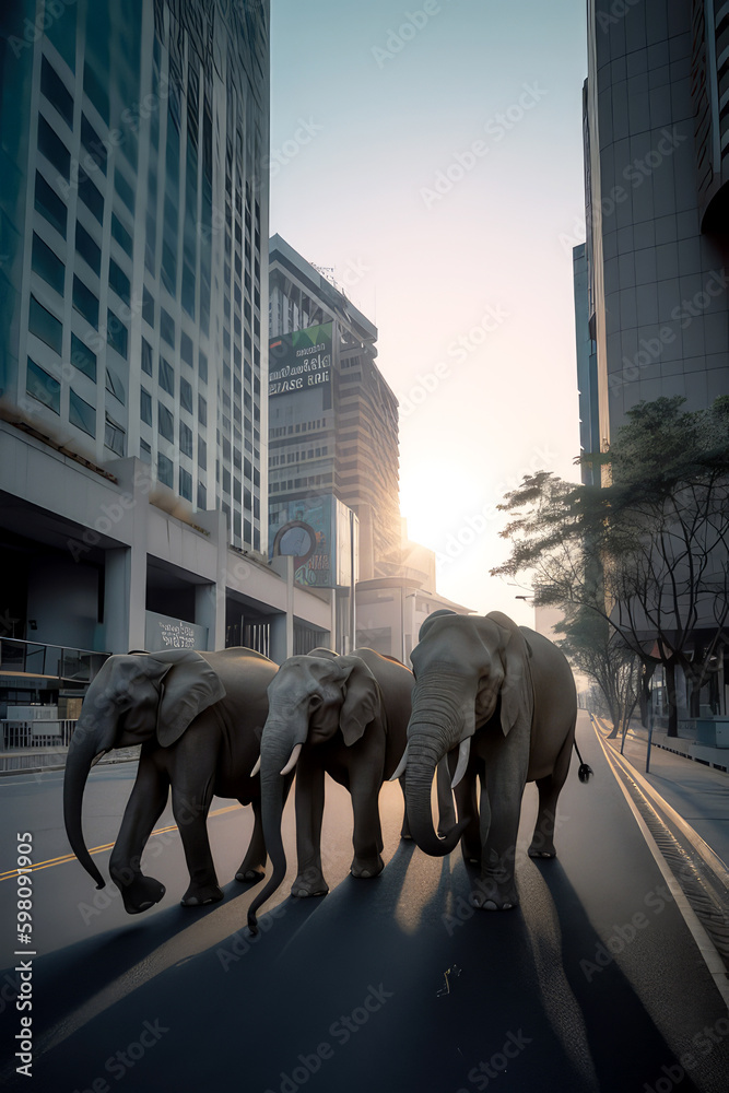 A group of elephants marching down a city street with skyscrapers in the background, parallel universe, ai