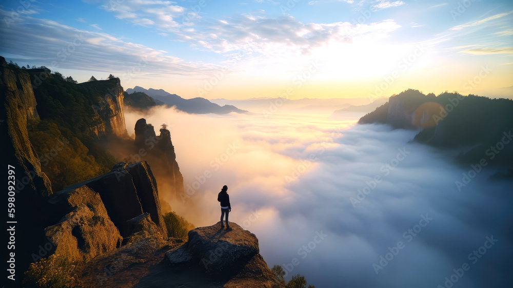 person standing on a cliff overlooking a valley filled with clouds, ai person standing on a cliff overlooking a valley filled with clouds, ai