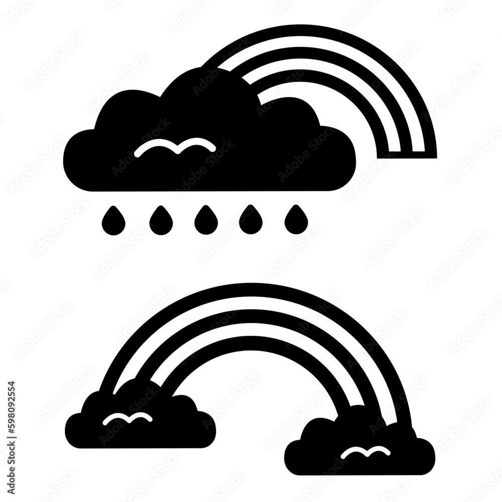 Black Icons Rainbow. Rainbow with Rain Cloud. Weather Vector Icons Black Icons Rainbow. Rainbow with Rain Cloud. Weather Vector Icons
