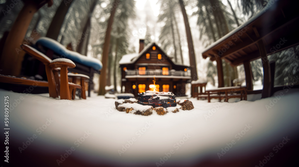 cozy house in the woods with a warm fire burning in the fireplace, surrounded by snow-covered trees, ai